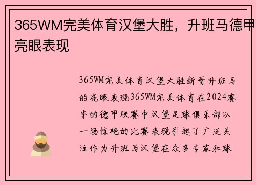 365WM完美体育汉堡大胜，升班马德甲亮眼表现